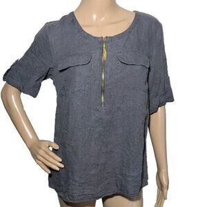Ellen Tracy Womens S Gray Linen Shirt 1/2 Zip Front Rolled Sleeve Pockets Blouse